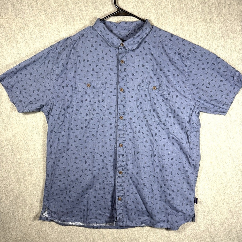 Patagonia Back Step Mens XXL Blue All Over Print Short Sleeve Button Up Shirt - Picture 1 of 12